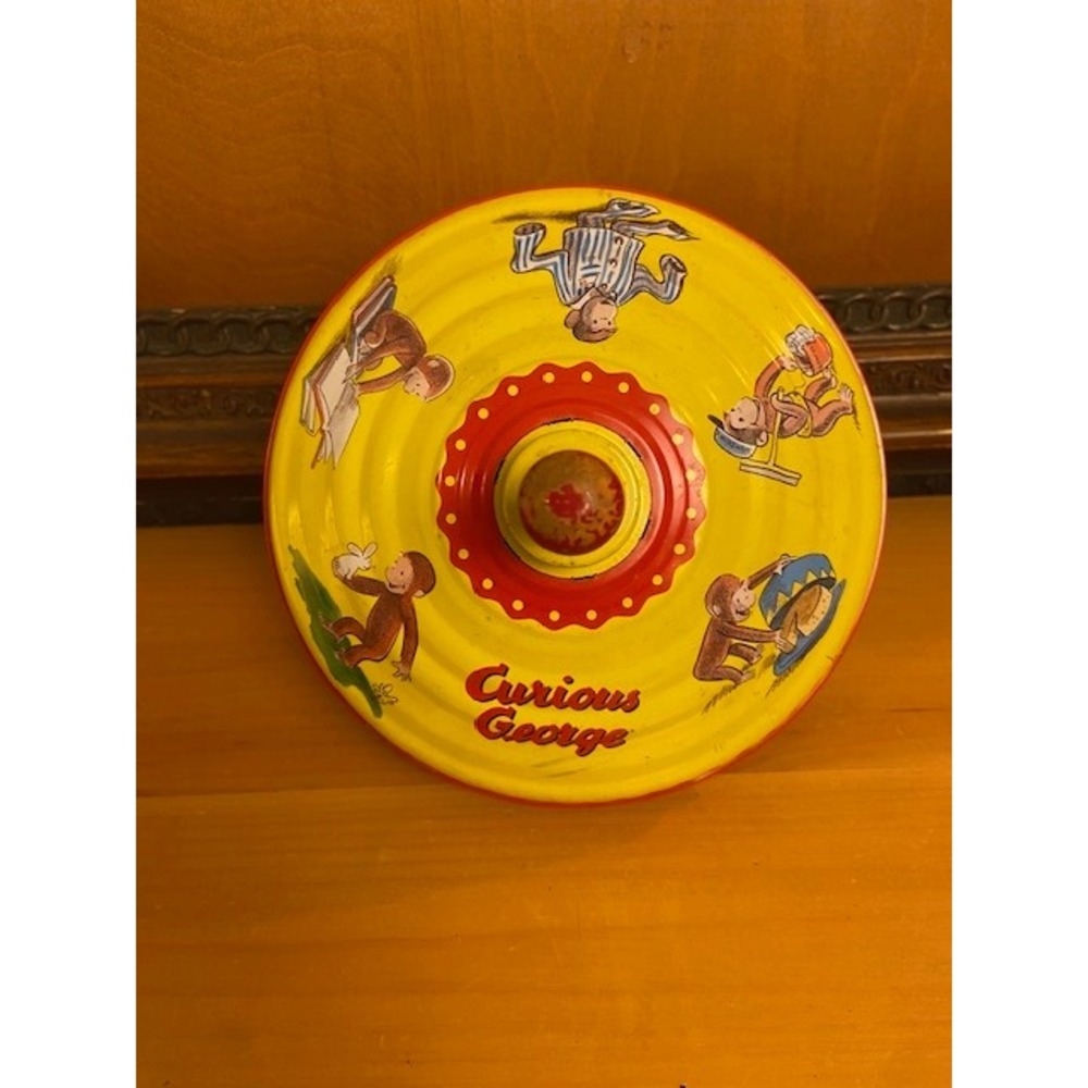 Vintage Curious George Tin Spinning Top Schylling Yellow Red Monkey Toy
